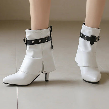 Colorblock Strap Buckle Fold Pointed Toe Stiletto Heel Ankle Boots