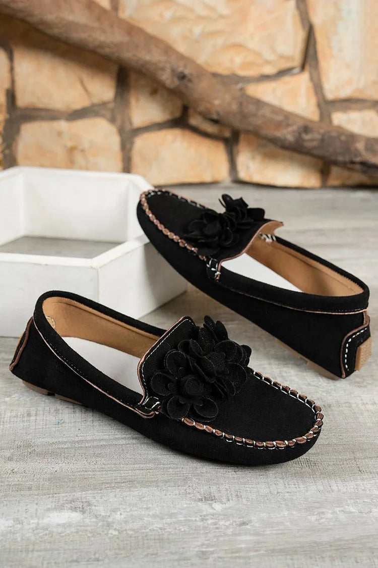 3D Flower Decor Round Toe Solid Color Stitch Detail Loafers