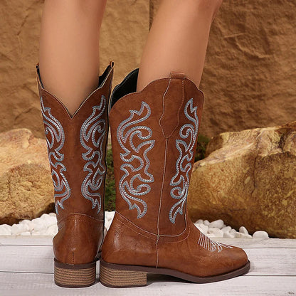 Tribal Pattern Embroidery Square Toe Patchwork Mid Calf Boots