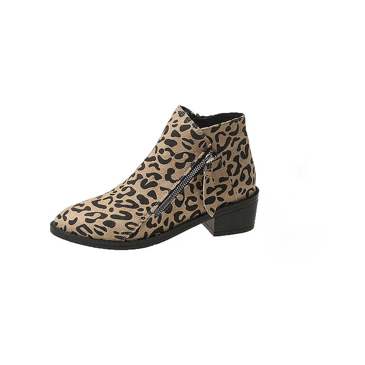 Leopard Print Zipper Pointed Toe Chunky Heel Ankle Boots