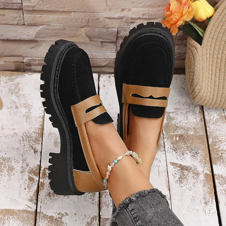 Colorblock Round Toe Patchwork Chunky Heel Casual Loafers