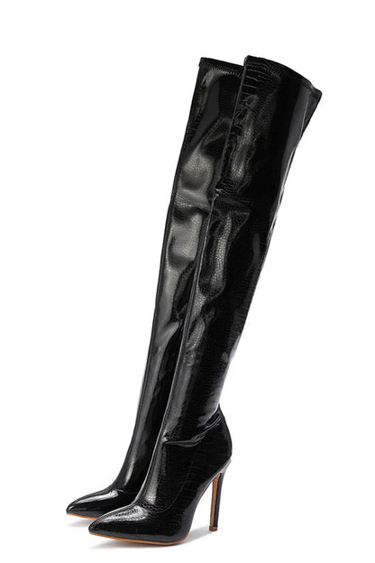 Zipper Pointed Toe Stiletto Heel Solid Color Over The Knee Boots