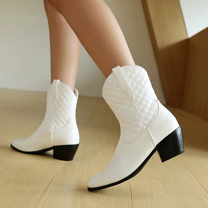 Stitch Detail Pointed Toe Patchwork Chunky Heel Ankle Boots