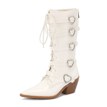 Pointed Toe Multicolor Straps Buckles Lace Up Mid Calf Boots