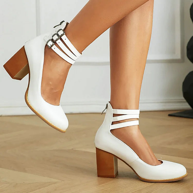 Casual Ankle Straps Buckles Plain Chunky Heels