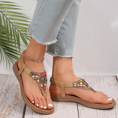 Boho Colourful Beads Rhinestone Flip Flops Elastic Band Sandals