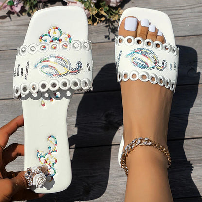 Sequins Floral Embroidery Hollowed Out Square Toe Slippers