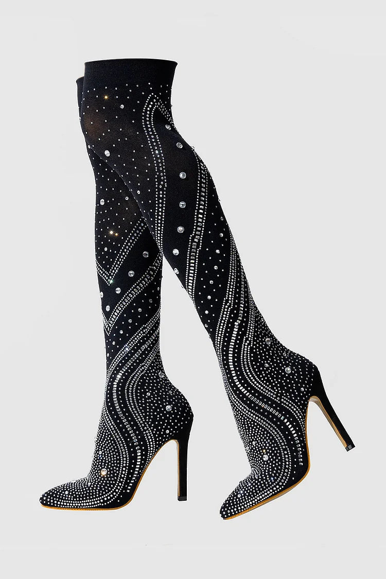 Rhinestone Decor Pointed Toe Stiletto Heel Pull On Over The Knee Boots