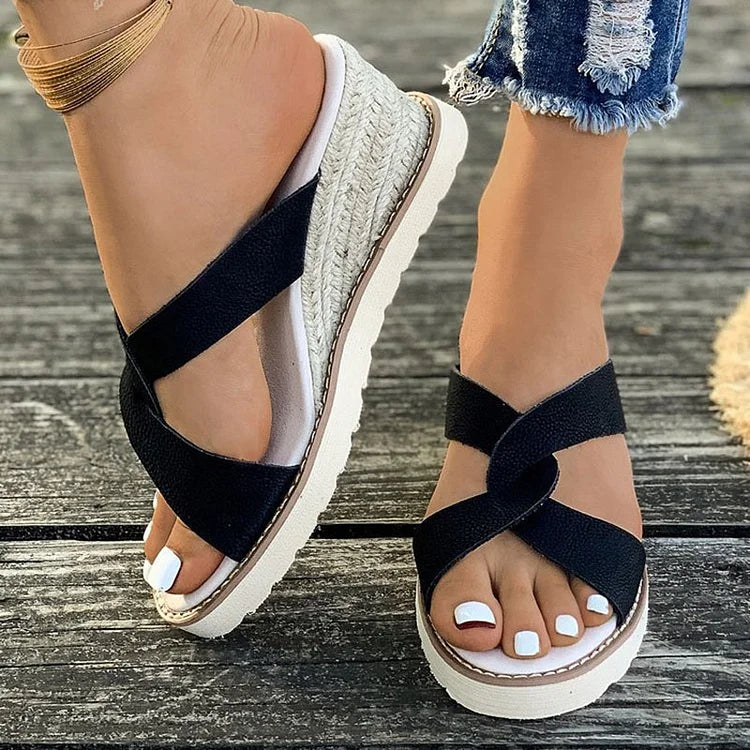 Casual Cross Strap Peep Toe Plain Espadrille Wedge Slippers