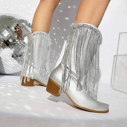 Metallic Sheen Fringed Trim Pointed Toe Chunky Heel Mid Boots