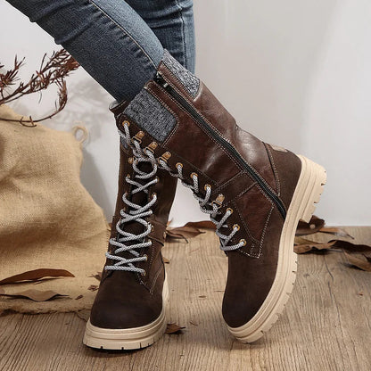 Patchwork Round Toe Low Block Heel Lace Up Mid Calf Boots