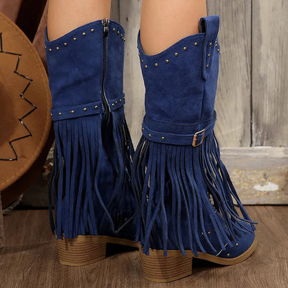 Metallic Studded Fringed Trim Patchwork Zipper Mid Calf Boots