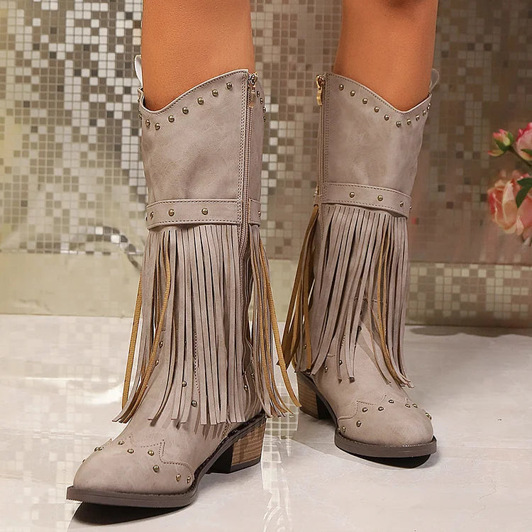 Metal Rivets Fringed Trim Pointed Toe Chunky Heel Mid Calf Boots