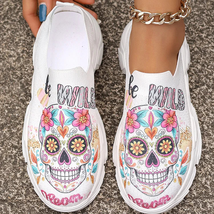 Happy Halloween Floral Skulls Ghost Pumpkin Spider Web Print Slip On Sneakers