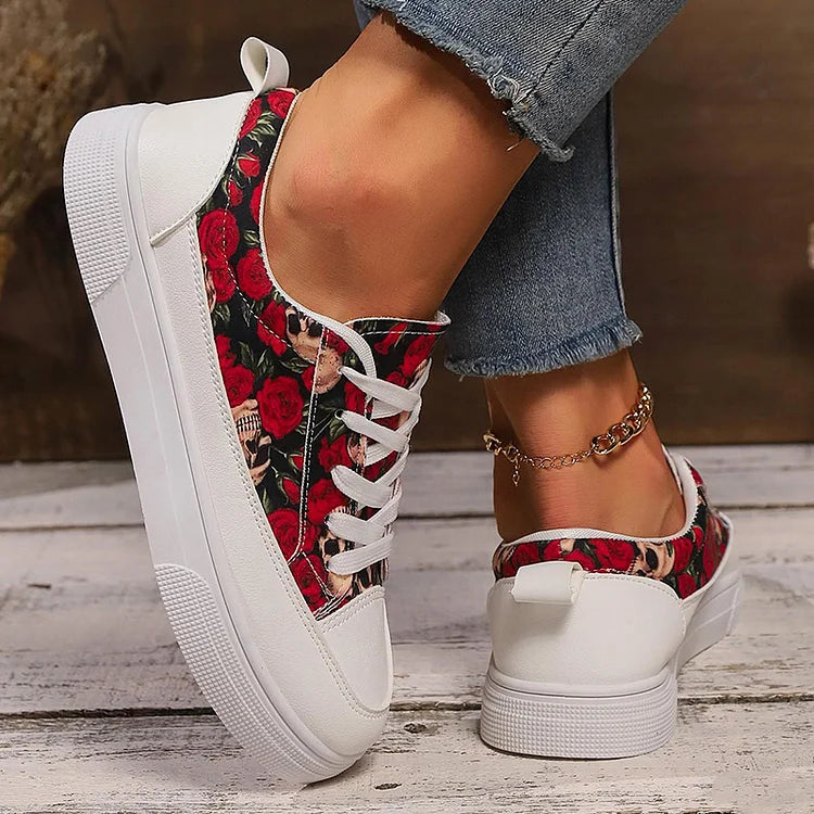 Halloween Skull Rose Colourful Floral Print Lace Up Casual Shoes