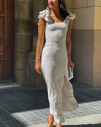 Vestido elegante de algodón y lino con abertura y tirantes para el hombro 
