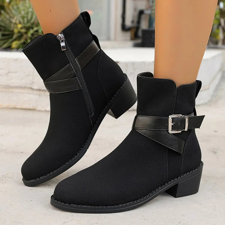 Patchwork Crossover Strap Buckle Pointed Toe Chunky Heel Mid Boots