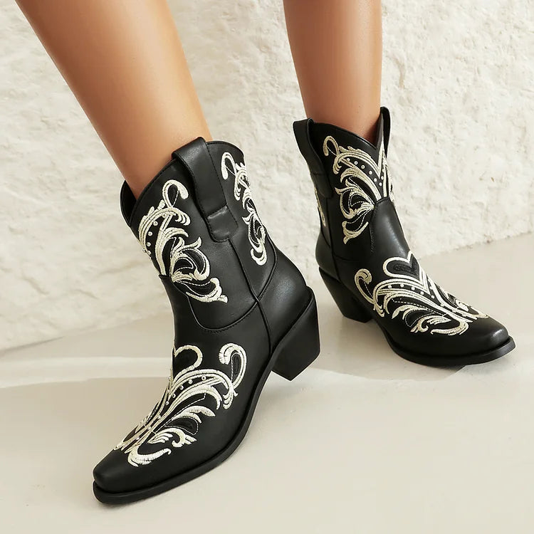 Embroidery Metallic Studded Square Toe Chunky Heel Western Boots