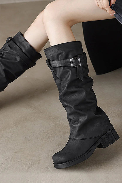 Strap Buckle Decor Fold Over Round Toe Chunky Heel Long Boots