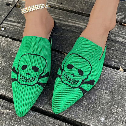 Casual Skull Print Pointy Toe Breathable Knit Mules