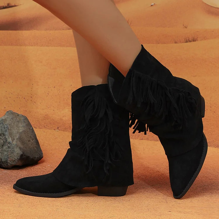 Fringed Trim Solid Color Fold Pointed Toe Chunky Heel Mid Boots