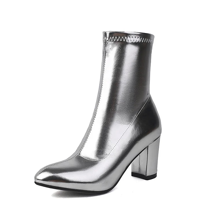 Metallic Sheen Zipper Stitch Detail Round Toe Chunky Heel Mid Boots