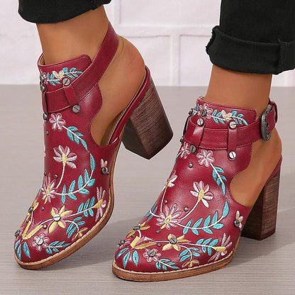 Floral Leaf Embroidery Round Toe Slingback Chunky Heels