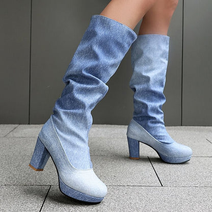 Gradient Color Denim Patchwork Round Toe Chunky Heel Knee High Boots