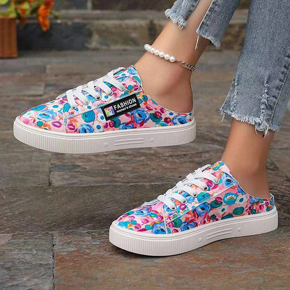 Canvas Multicolor Print Round Toe Slip On Lace Up Sneakers