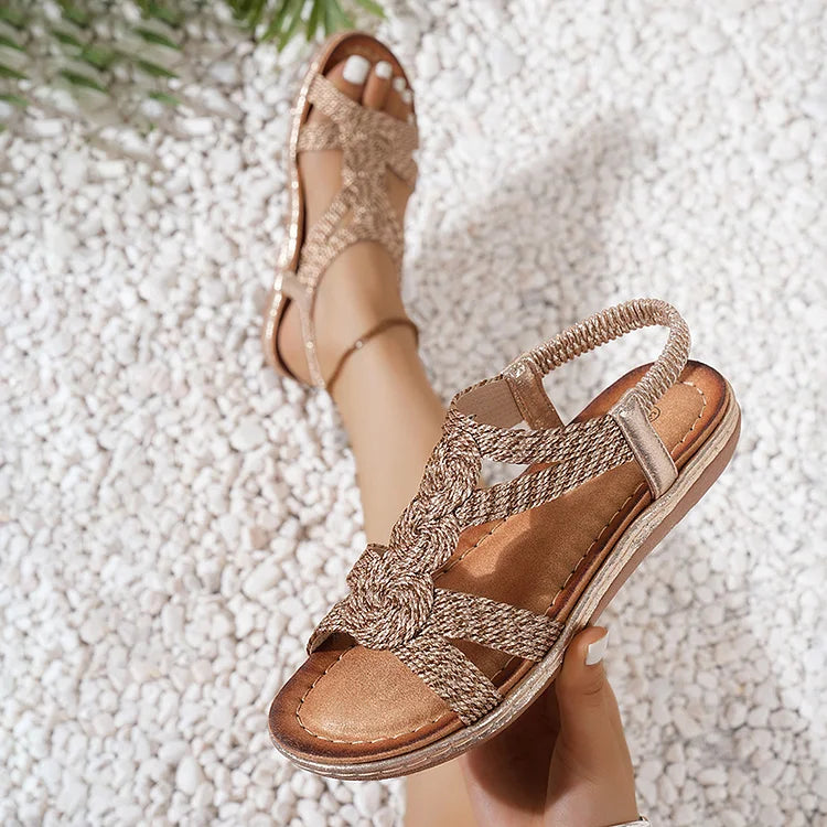 Boho Casual Woven Sewing Thread Strappy Round Toe Sandals