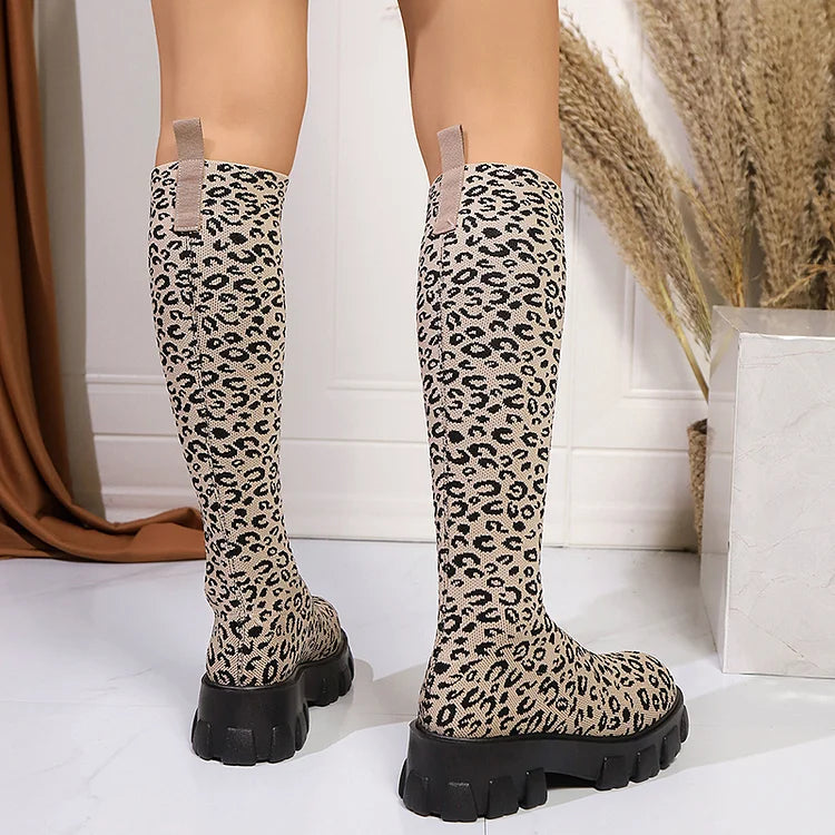 Leopard Pattern Round Toe Chunky Heel Knee High Boots