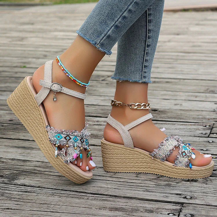 Ethnic Pattern Beaded Pendant Hanging Fringe Ankle Strap Wedge Sandals