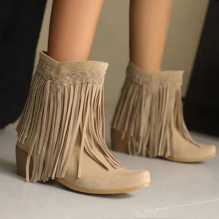 Pointed Toe Braided Fringed Trim Solid Color Chunky Heel Mid Boots