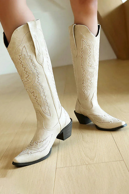 Pointed Toe Embroidery Patchwork Chunky Heel Pull On Western Boots