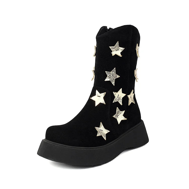 Star Shaped Patchwork Zipper Round Toe Low Platform Ankle Boots