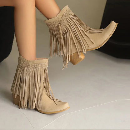 Pointed Toe Braided Fringed Trim Solid Color Chunky Heel Mid Boots