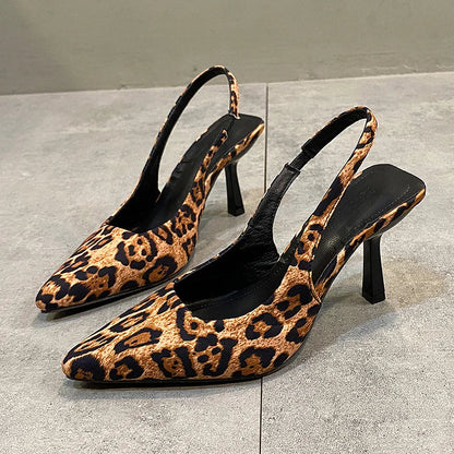 Leopard Print Pointed Toe Slingback Elegant Stiletto Heels