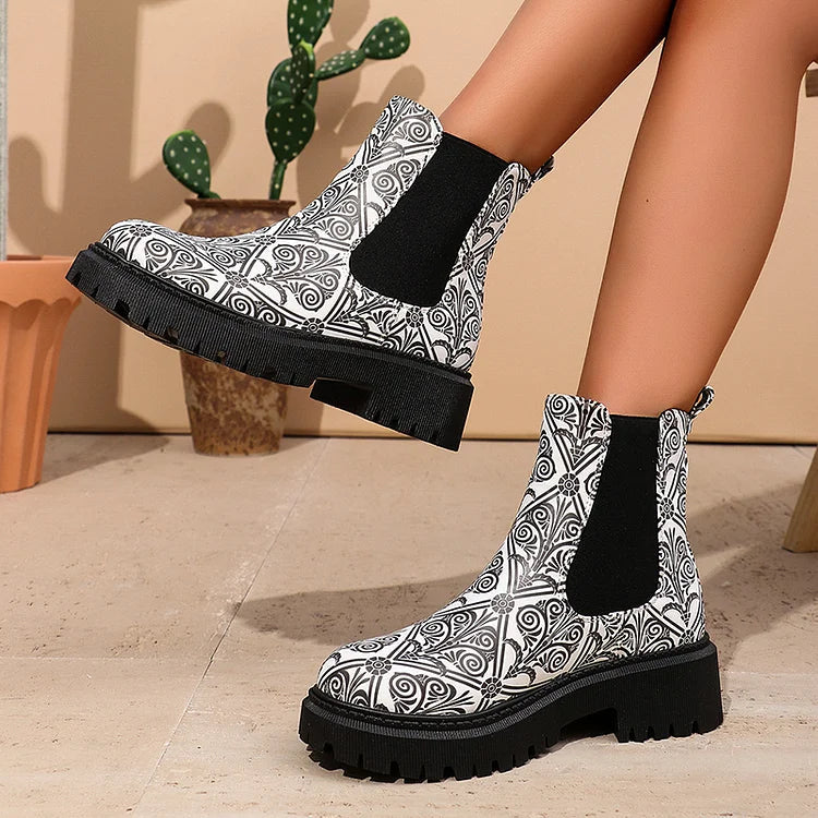 Round Toe Multicolor Print Patchwork Chunky Heel Ankle Boots