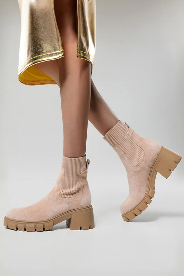 Round Toe Patchwork Casual Chunky Heel Pull On Ankle Boots