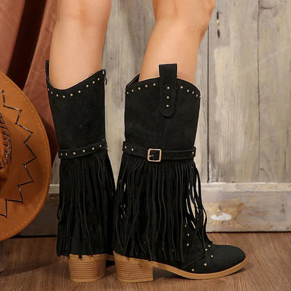 Fringed Trim Metallic Studded Solid Color Chunky Heel Mid Calf Boots