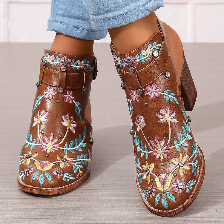 Floral Leaf Embroidery Round Toe Slingback Chunky Heels