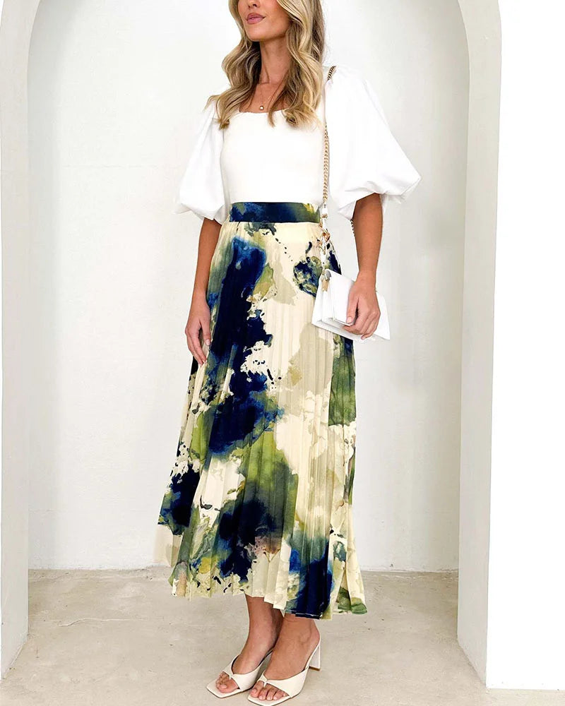 High-end oil painting printed pleated A-line pleated skirt