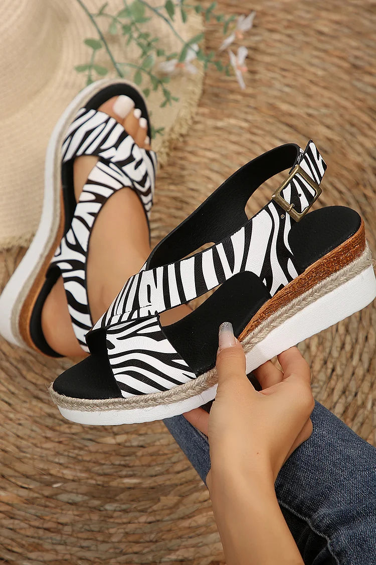 Snake Zebra-Striped Print Cross Belt Buckle Wedge Espadrille Sandals