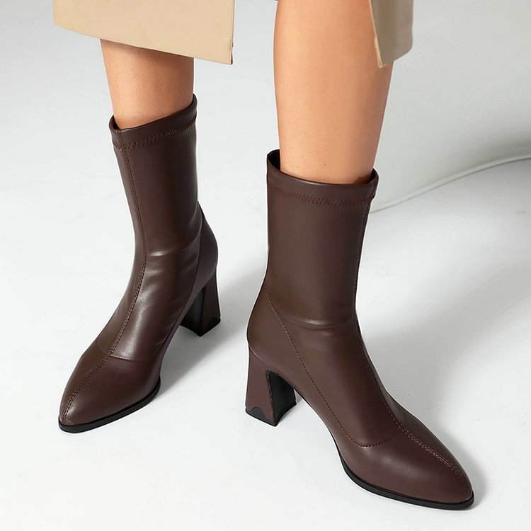 Metallic Sheen Solid Color Pointed Toe Chunky Heel Mid Calf Boots