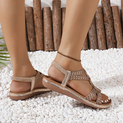 Boho Casual Woven Sewing Thread Strappy Round Toe Sandals