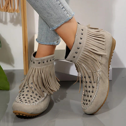 Metal Rivets Round Toe Fringed Trim Zipper Ankle Boots