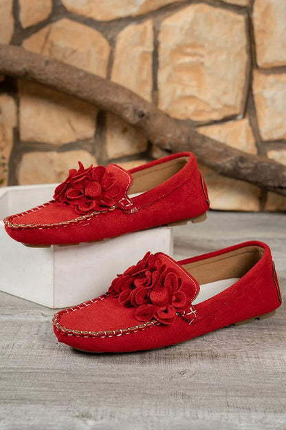 3D Flower Decor Round Toe Solid Color Stitch Detail Loafers