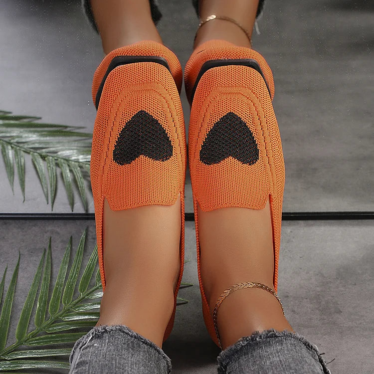 Heart Print Square Toe Knit Breathable Casual Slip Flats