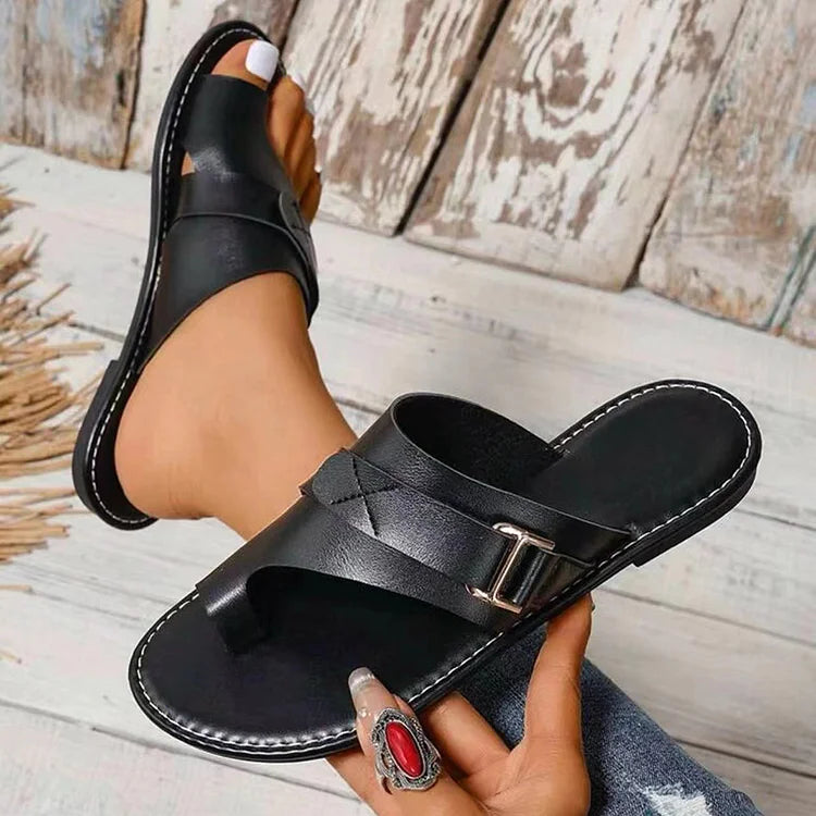 Belt Buckle Patchwork Seam Toe Ring Plain Slippers