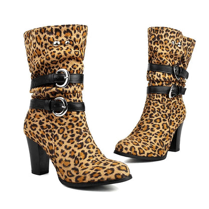 Leopard Print Colorblock Straps Buckles Chunky Heel Mid Calf Boots